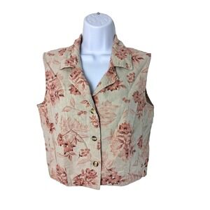 Womens Linen Blend‎ Floral Vest Size 10 Cottagecore Prarie Boho Lagenlook Garden